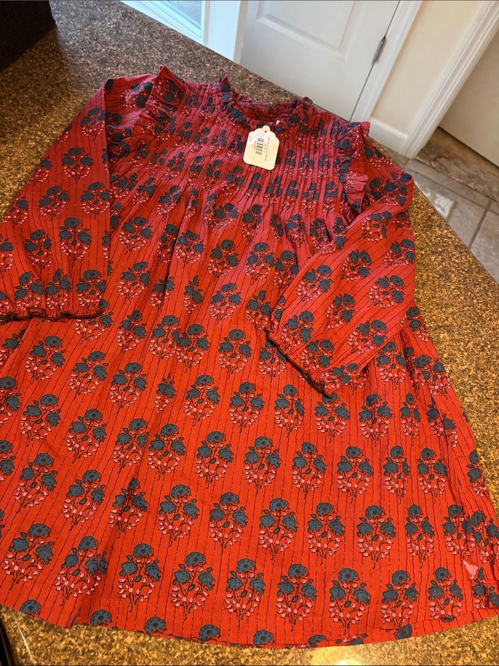 Pink Chicken Red Floral Smocked Jaipur Autumn Strawflower Long-Sleeve Dress-8Y